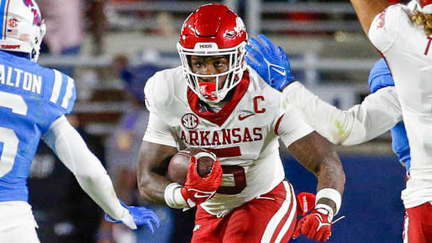 Razorbacks Raheim "Rocket" Sanders runs against Ole Miss last week